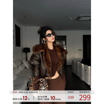 福尔尼斯悦 皮衣外套女加厚2025冬季短款皮毛一体毛领夹克上衣