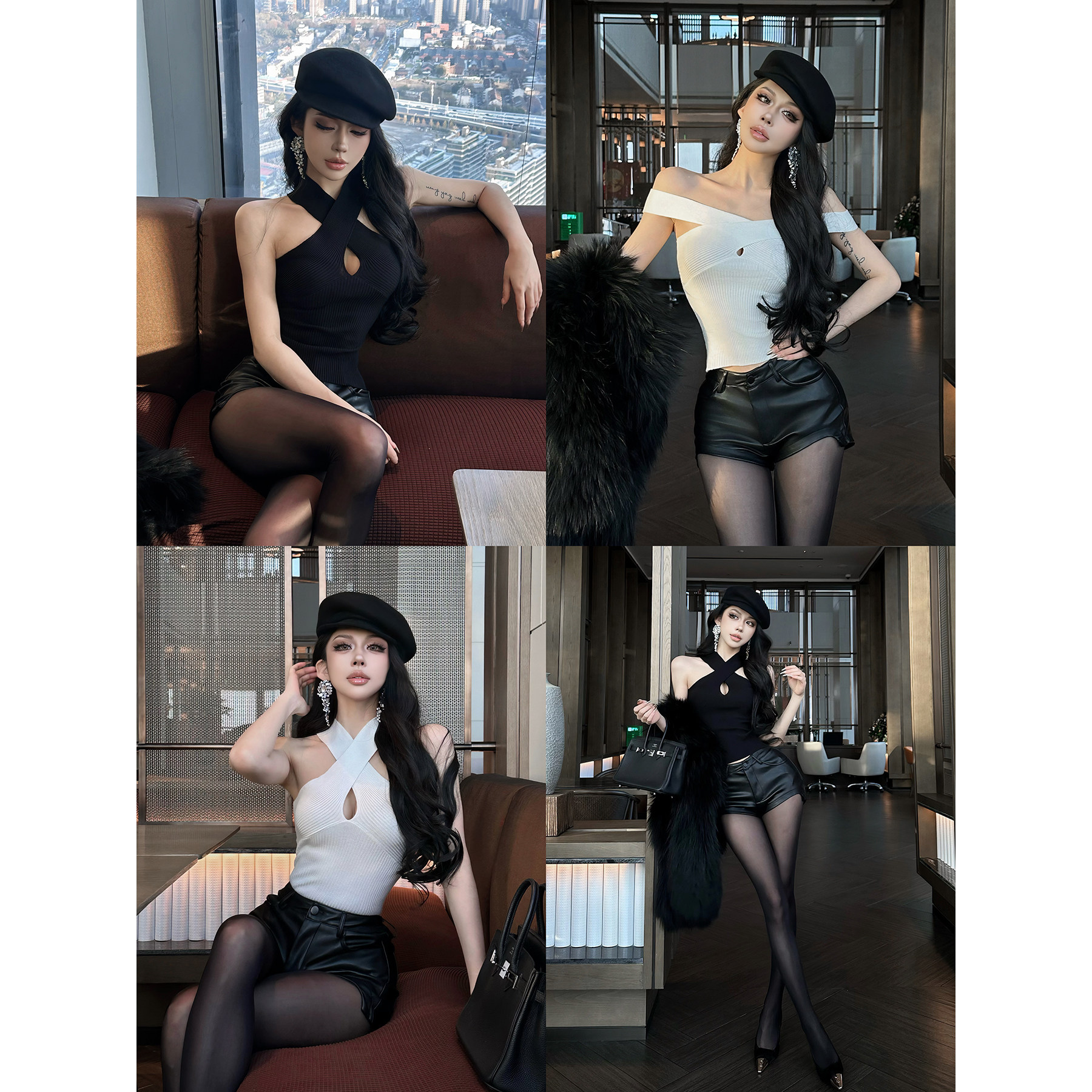 FORNIS 交叉V领一字领挂脖背心上衣PU直筒短裤F25Y50066