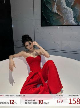 FORNIS 鱼骨修身抹胸上衣套装显瘦阔腿长裤F25B50063+F25K50064