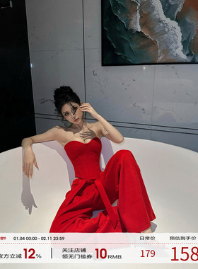 FORNIS 鱼骨修身抹胸上衣套装显瘦阔腿长裤F25B50063+F25K50064