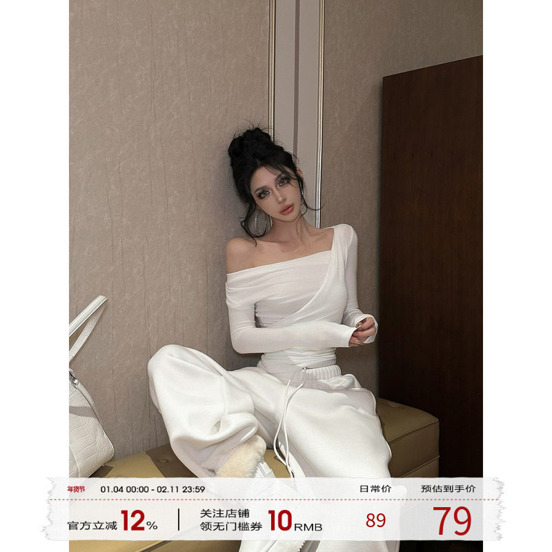 福尔尼斯悦 斜肩长袖上衣女2025冬季新款设计感打底衫收腰内搭T恤,女装/女士精品,T恤,淘宝优惠券,粉丝福利购,淘宝优惠卷