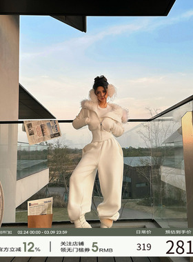 福尔尼斯悦 白色连帽卫衣女2025冬季新款收腰上衣短款毛领外套