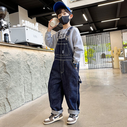 中大童男童牛仔背带裤潮酷春秋款儿童连体长裤帅气潮胖童连体裤子