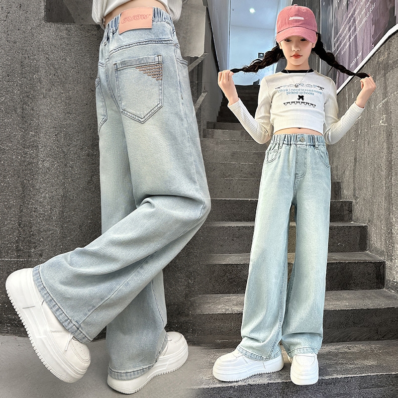韩国女童牛仔裤春季2025新款儿童裤子洋气直筒休闲裤简约女孩长裤