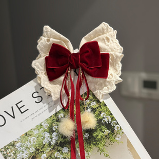 202512酒红丝绒大蝴蝶结儿童发夹秋冬毛球吊坠顶夹女孩过年发饰