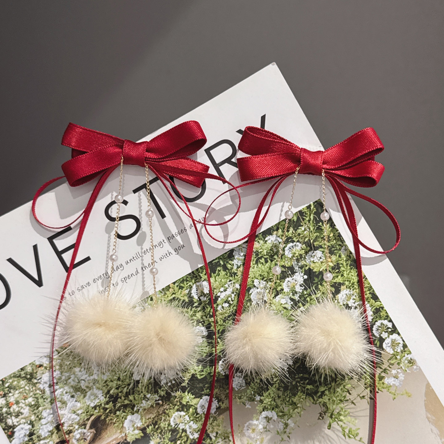 MIK儿童发饰蝴蝶结长飘带毛球对夹秋冬女童对夹古风汉服头饰过年