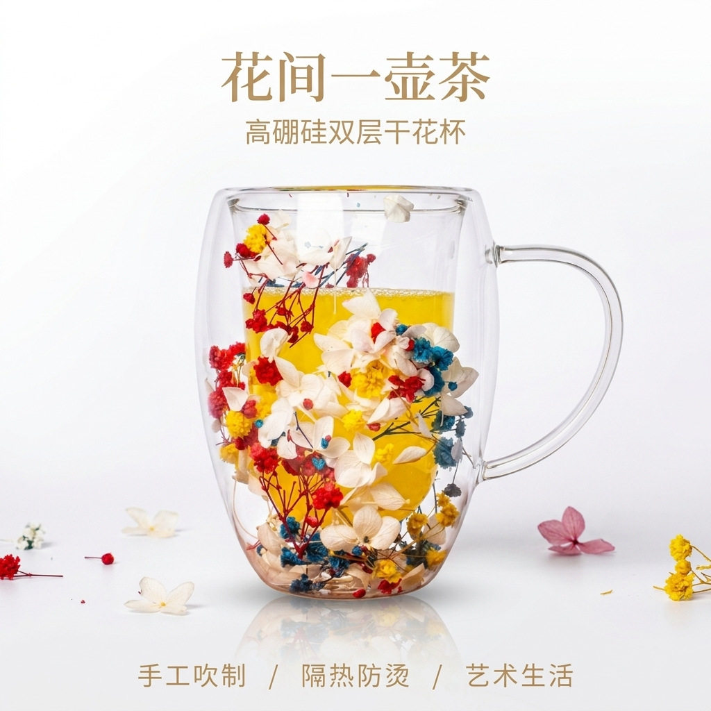 网红花瓣流沙杯高硼硅耐热双层含