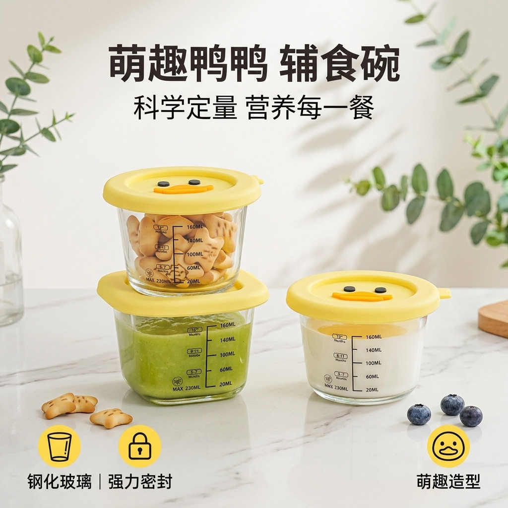 食品级儿童辅食碗玻璃+硅胶盖