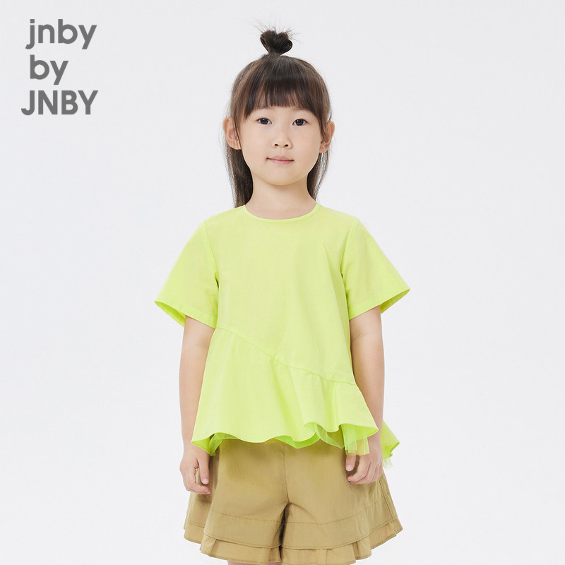 江南布衣童装春夏装不规则下摆网纱荷叶边女童短袖衬衫jnbybyj
