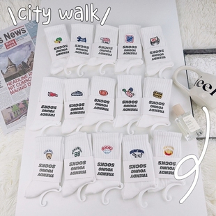 卡通刺绣白色袜子女中高筒运动袜黑色男长筒袜ins潮个性情侣白袜