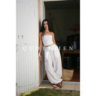 QUOTIDIEN 夏日莱赛尔真丝雾面质感微褶松紧设计感吊带女上衣白色