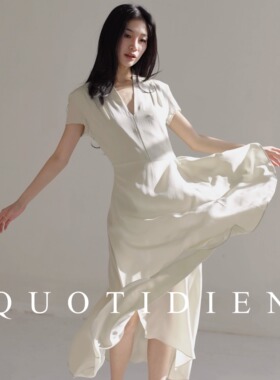 QUOTIDIEN丨重磅双层真丝时髦通勤V领荷叶褶边茶歇连衣裙高腰长裙