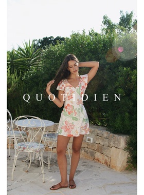 QUOTIDIEN｜香豌豆｜桑蚕丝粉色du家印花优雅度假短款连衣裙