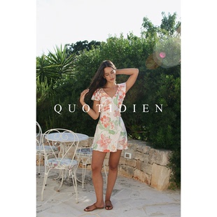 QUOTIDIEN|香豌豆|桑蚕丝粉色du家印花优雅度假短款连衣裙