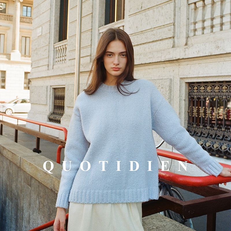quotidien｜海岸之诗｜羊毛混纺套头立体手工钩边圆领蓝色毛衣