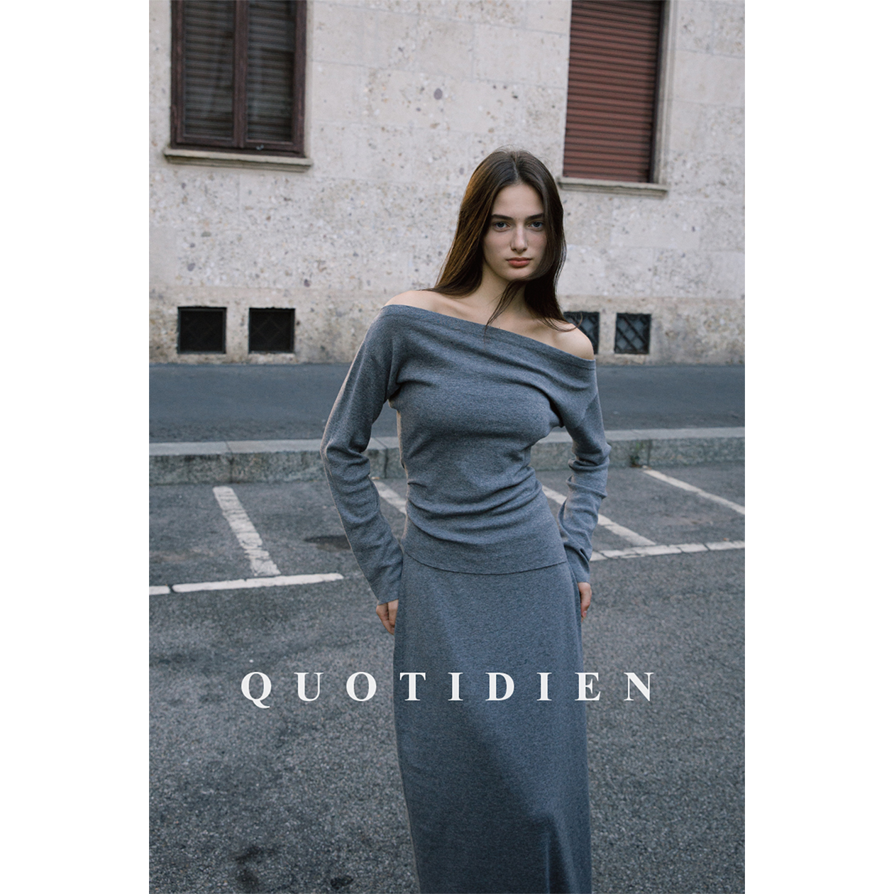 quotidien｜历久｜上衣真丝羊毛一字领格雷灰色修身针织长袖打底