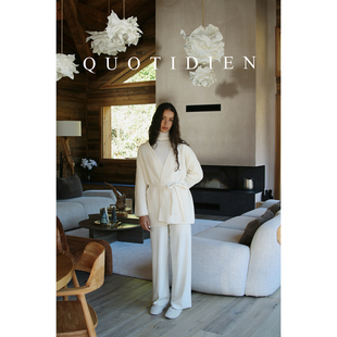 QUOTIDIEN 羊绒羊毛简约温柔百搭包裹感秋冬针织短款开衫 附腰带