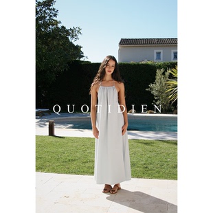 QUOTIDIEN 天丝亚麻挂脖连衣裙女夏清爽透气度假休闲露背吊带长裙