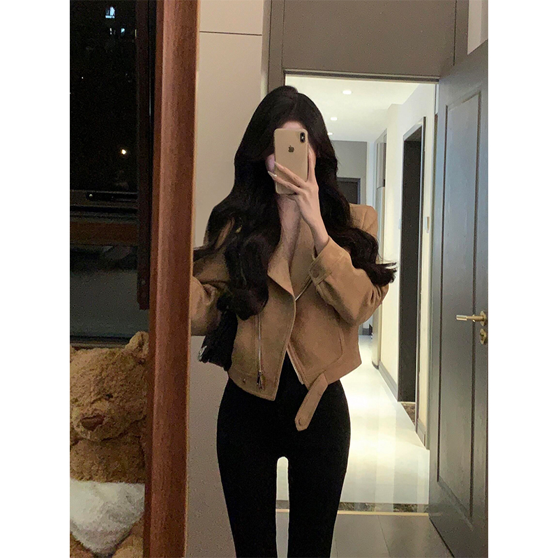 美式棕翻领短款麂皮外套