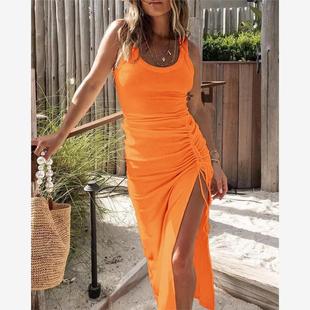 Drawstring Ribbed Ruched High Dress 无袖 Slit 坑条抽绳休闲裙