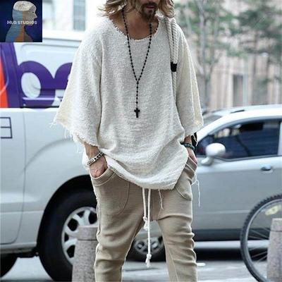 2025 men T-shirt夏新款男宽松大尺码中长袖T恤欧美潮流七分袖上