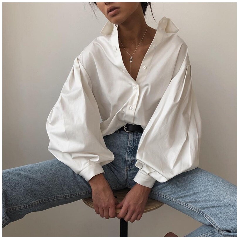 超大灯笼袖翻领宽松长袖衬衫上衣女秋Lantern Sleeve Shirt women