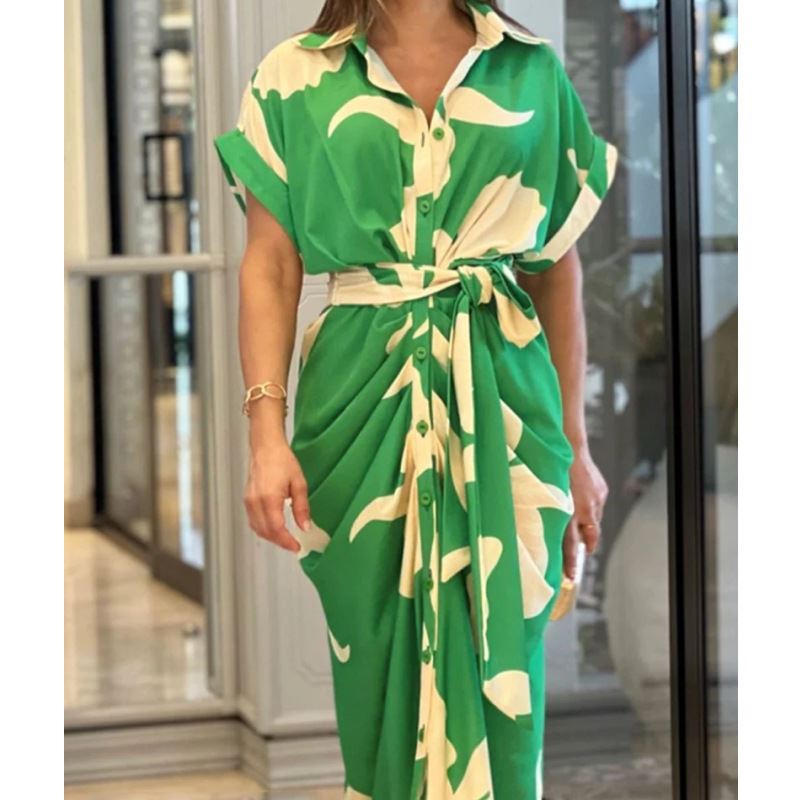Women printed shirt dress欧美女印花翻领短袖中长款衬衫连衣裙