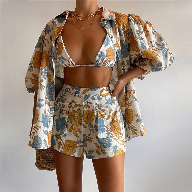 2023女时尚宽松衬衫吊带背心短裤三件套Women casual 3-piece set