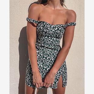 dress 绿色小清新A字裙子Green 2020夏季 碎花吊带开叉连衣裙短裙
