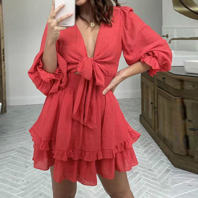 V-neck Ruffle DressV领长袖泡泡袖纯色系带荷叶边连衣裙