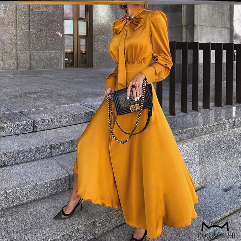 2021初秋女装气质通勤绸面蝴蝶结领口系带衬衫袖连衣裙lady dress