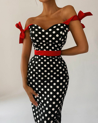 Off Shoulder Polka Dot Dress一字肩收腰波点气质性感女神连衣裙