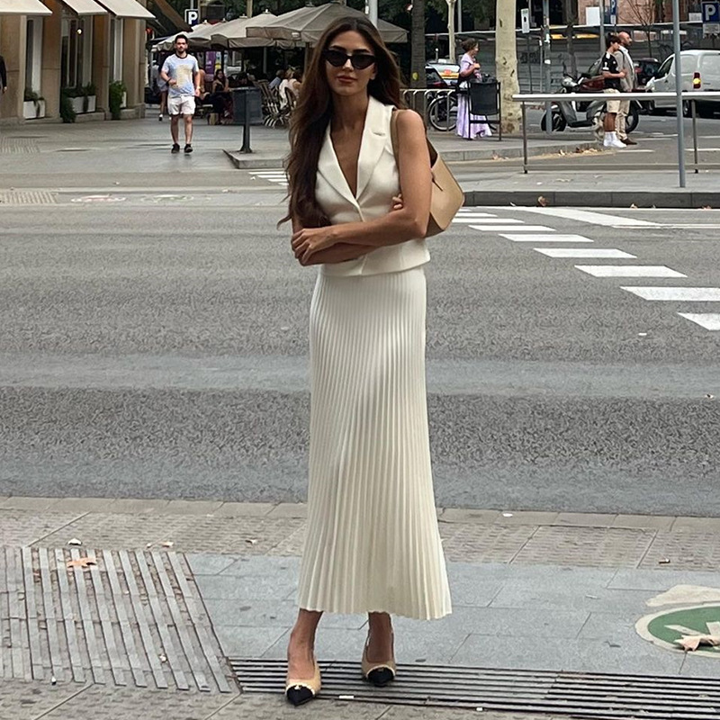 Women Vest Skirt 2 Piece Suts西装领西装马甲上衣百褶半裙套装