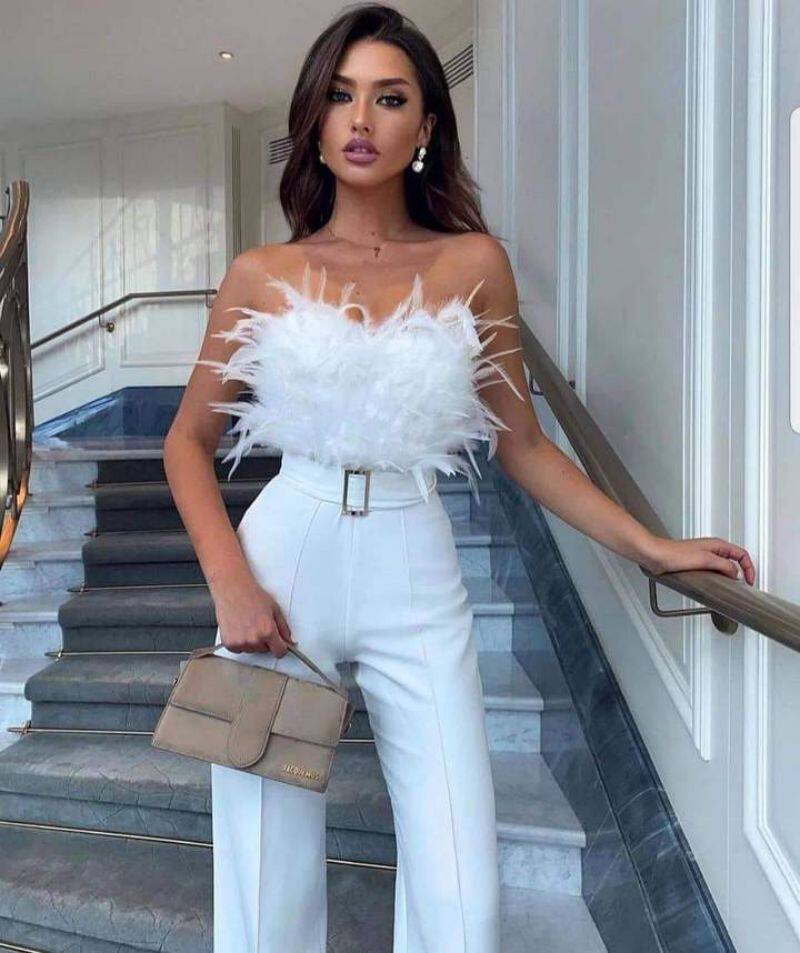 性感气质羽毛抹胸连体裤派对礼服裤 Sexy feather Jumpsuit pants