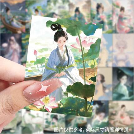 荷花少女贴纸古装国风小清新周边插画贴图diy手机电脑笔记本装饰