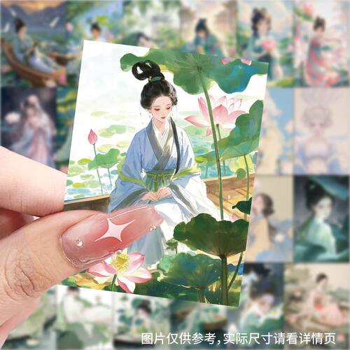 荷花少女贴纸古装国风小清新周边插画贴图diy手机电脑笔记本装饰