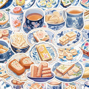 60張?jiān)瓌?chuàng)水彩青花瓷美食貼紙高顏值裝 飾手機(jī)殼筆記本電腦防水貼畫