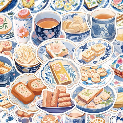 60张原创水彩青花瓷美食贴纸高颜值装饰手机壳笔记本电脑防水贴画