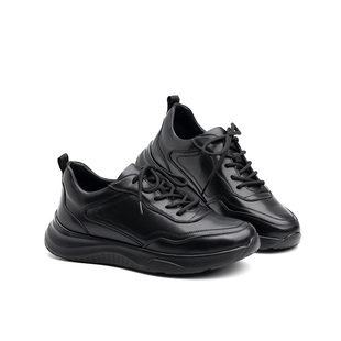 江苏玉人男鞋春秋季真皮系带牛皮全黑色运动鞋厚底超轻休闲鞋