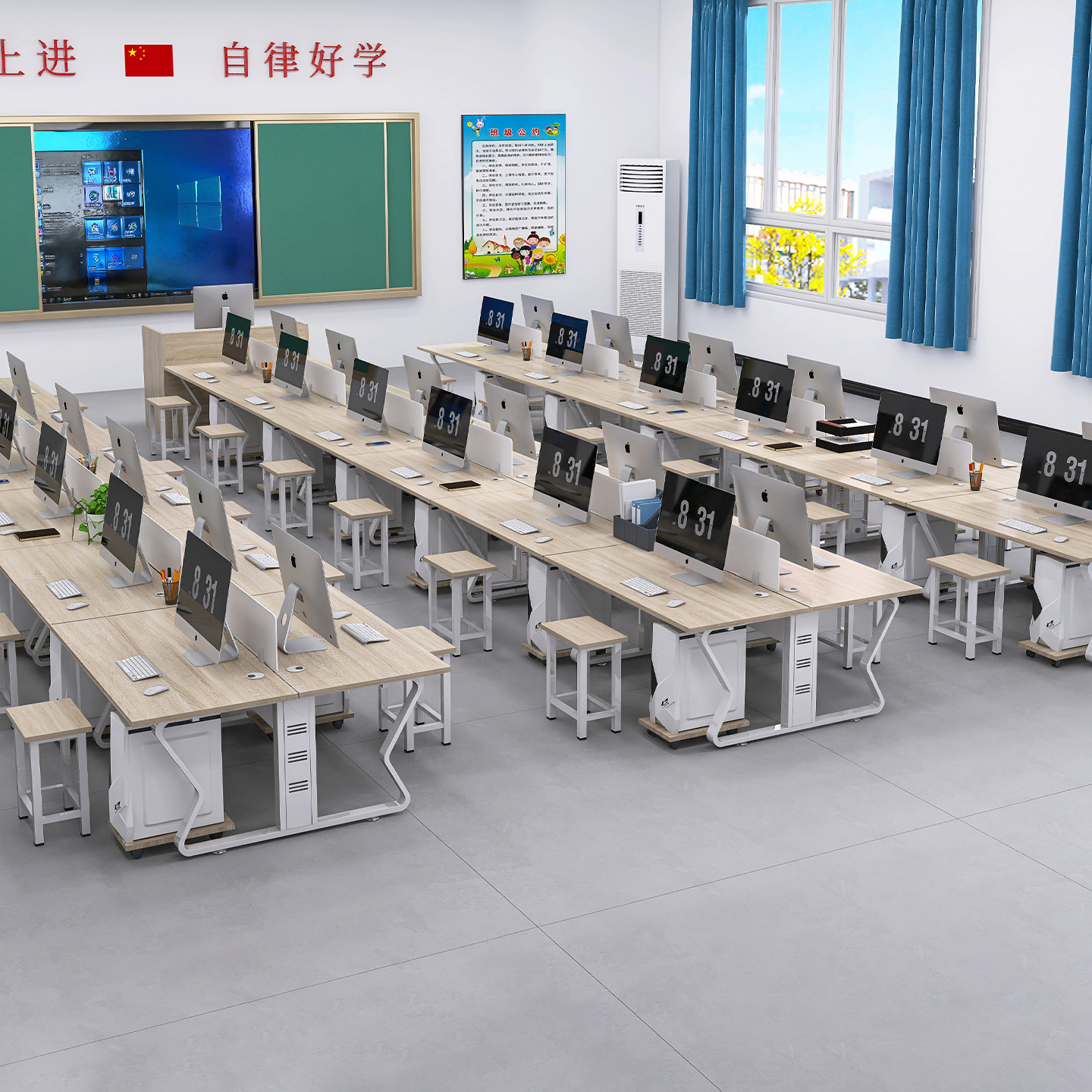 学校实木课桌椅组合微机房电脑桌