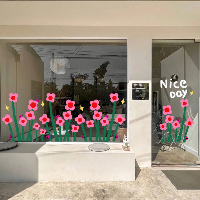 ins网红店铺橱窗玻璃贴纸花卉花朵静电门贴墙贴画窗花装饰品窗贴图片