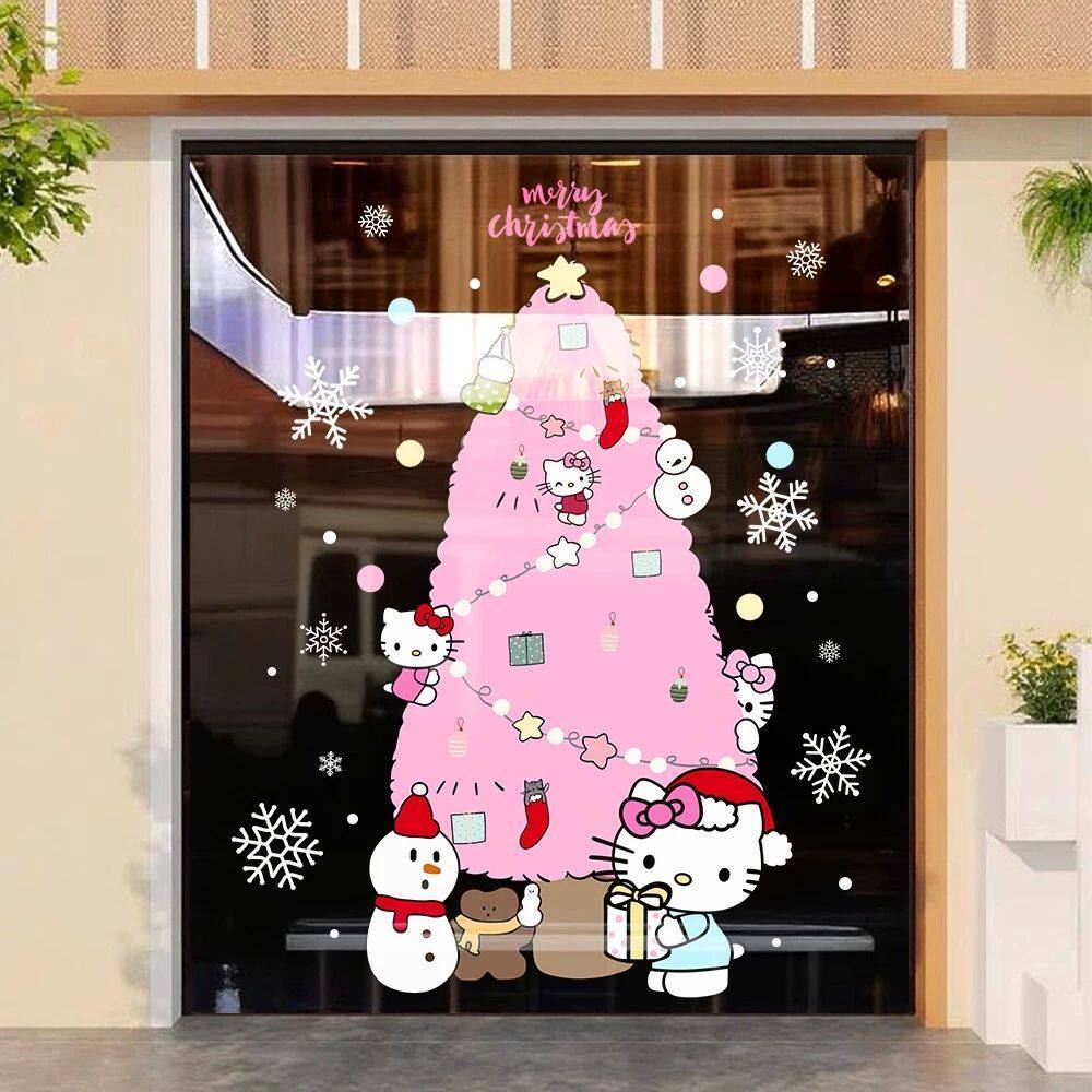 2027圣诞节装饰玻璃橱窗贴纸hellokitty粉色圣诞树耶诞窗花窗贴画