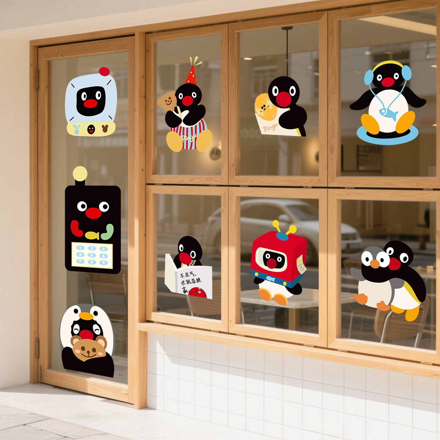 PINGU企鹅橱窗窗户玻璃贴纸店铺氛围装饰防撞玻璃贴画贴膜ins卡通