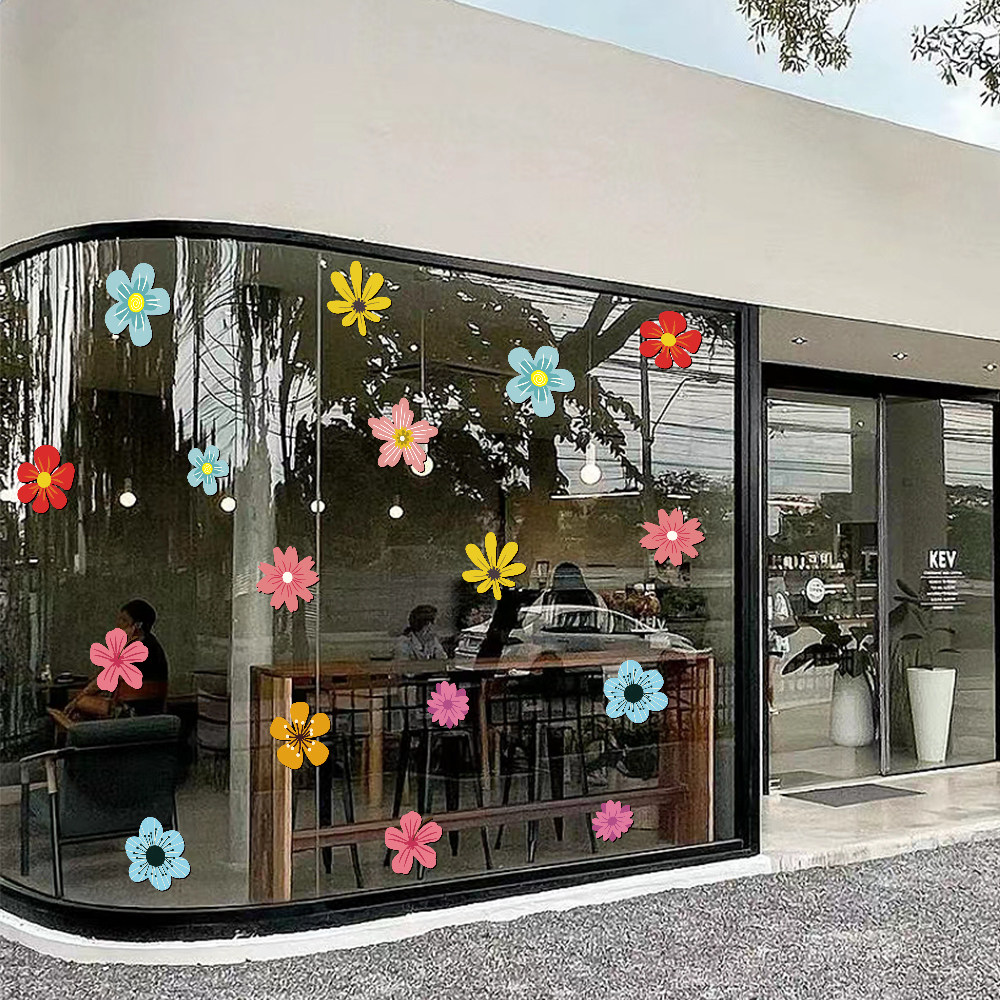 ins风清新小花玻璃门贴纸奶茶餐厅服装店网红店布置窗花静电贴画