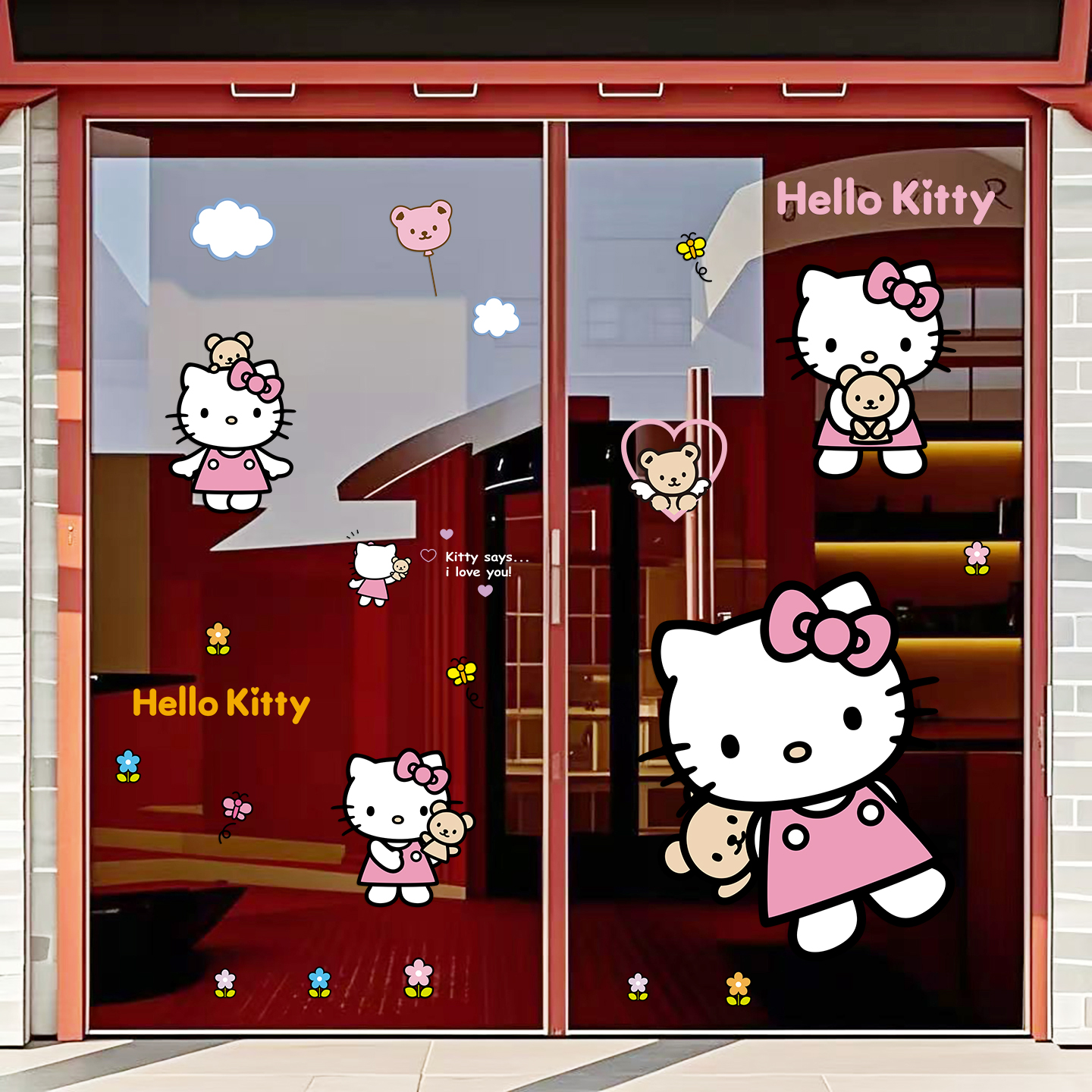 ins网红凯蒂猫hello kitty装饰玻璃门镜子装饰卡通可爱静电贴贴纸