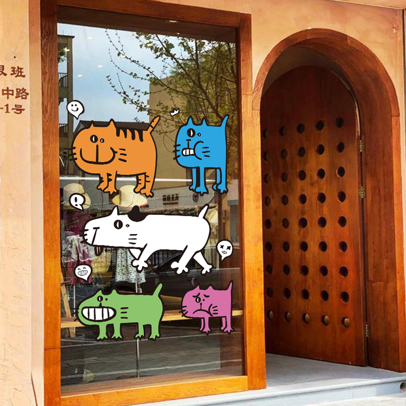 ins风简约厨房推拉玻璃门防撞贴纸装饰卡通搞怪小猫贴画窗花窗贴