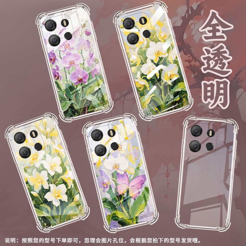 适用传音TecnoPop7手机气囊壳Pop7Pro全包边TecnoPop8手机壳TecnoPop9四角防摔油画蝴蝶兰中国风BF6保护套