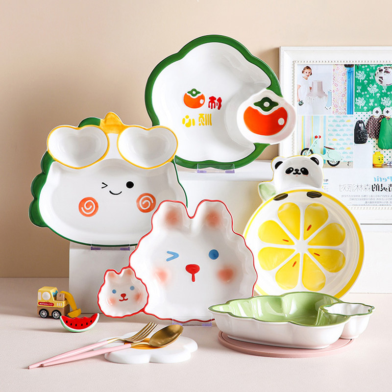 饺子盘带醋碟陶瓷盘卡通萌趣饺子盘带蘸料碟创意儿童分隔盘家用
