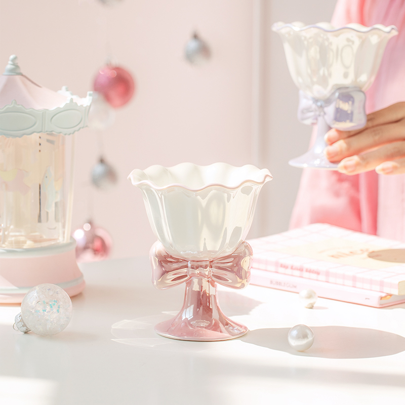 精致蝴蝶结陶瓷马克杯冰淇淋杯甜点杯高级创意设计日式梦幻家用
