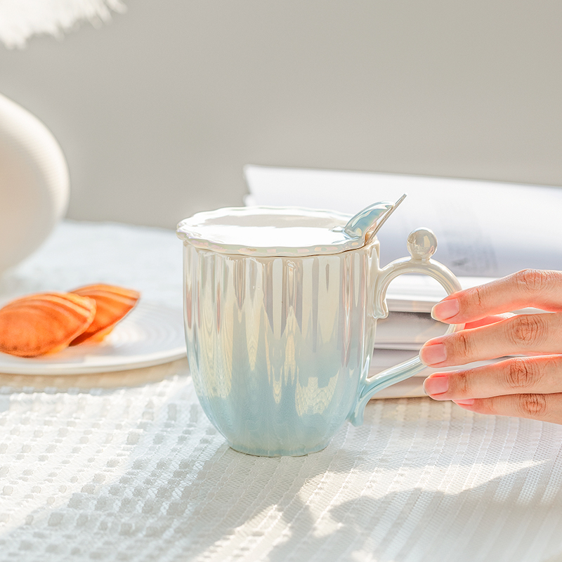 珍珠 陶瓷杯子马克杯带盖女生水杯情侣家用咖啡杯创意办公室ins风